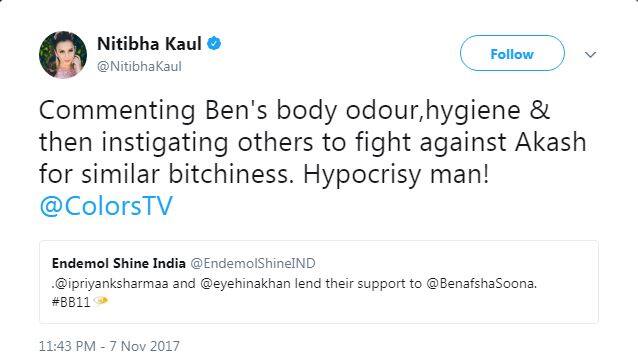 Stylish commoner of 'Bigg Boss 10', Nitibha Kaul called Hina a hypocrite. She wrote,
