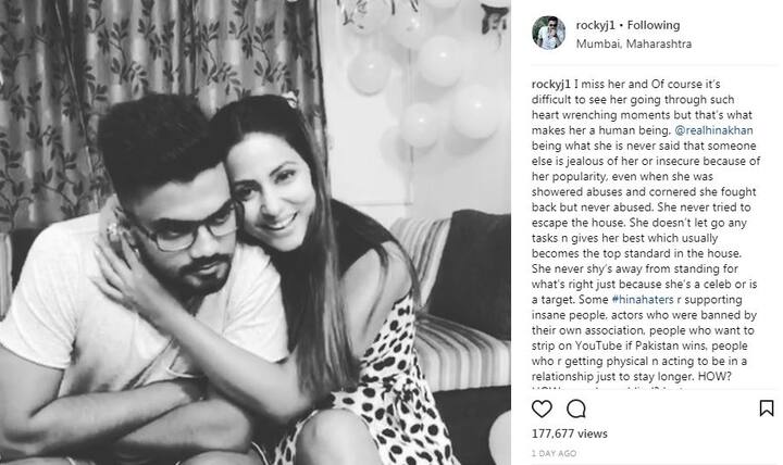 Recently Hina Khan's beau Rocky Jaiswal slammed her haters in a strong Instagram post. Now more celebs have come out in support of Hina Khan who wants her to stay strong in the game of 'Bigg Boss 11'. (Photo: Instagram)