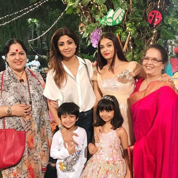 Shilpa Shetty posted this pic of both actresses posing with their respective moms and kids at the bash! 