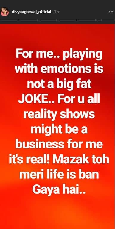 Few hours ago, Divya posted an Instagram story in which she made her displeasure very clear on Benafsha's clarification and wrote, 