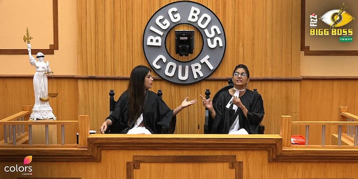 In the task, the 'Bigg Boss' house was turned into a courtroom. Sapna Choudhary & Bandgi Kalra will be seen as judges whereas Hina & Vikas will be seen as lawyers of Hiten & Arshi respectively. In the task, the lawyers Vikas & Hina have to present Arshi & Hiten's divorce case in front of the judges. (Photo: Colors)