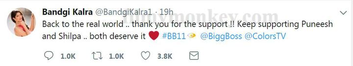 Bandgi in her first tweet after eviction thanked everyone for their support.