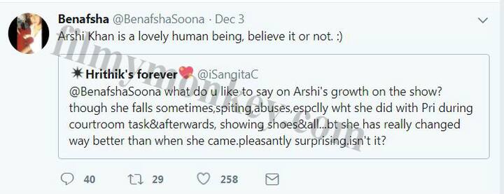 She did not say that about Arshi since she praised her already as we can see here. 