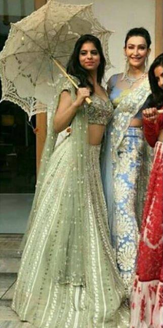 The pictures of Suhana wearing three different attires during days long functions are making rounds on the Internet and the popular star daughter looked the most stunning in the ones in this light green lehenga.