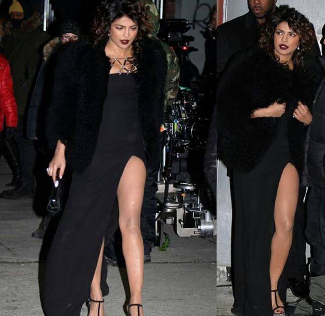 Priyanka looks scorching hot during the shoot of 'Quantico 3' in that thigh high slit black dress