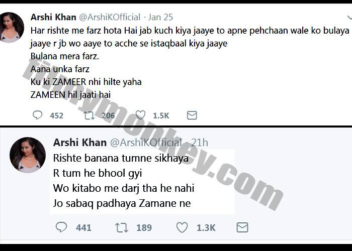 2 days after that Arshi expressed her disappointed over Shilpa's clarification by posting poems on Twitter hinting she's hurt by Shilpa's stand on it.