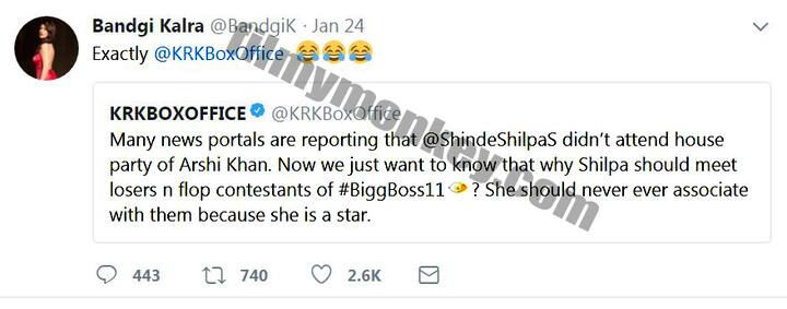 KRK Box Office handle tweets about Arshi's party saying