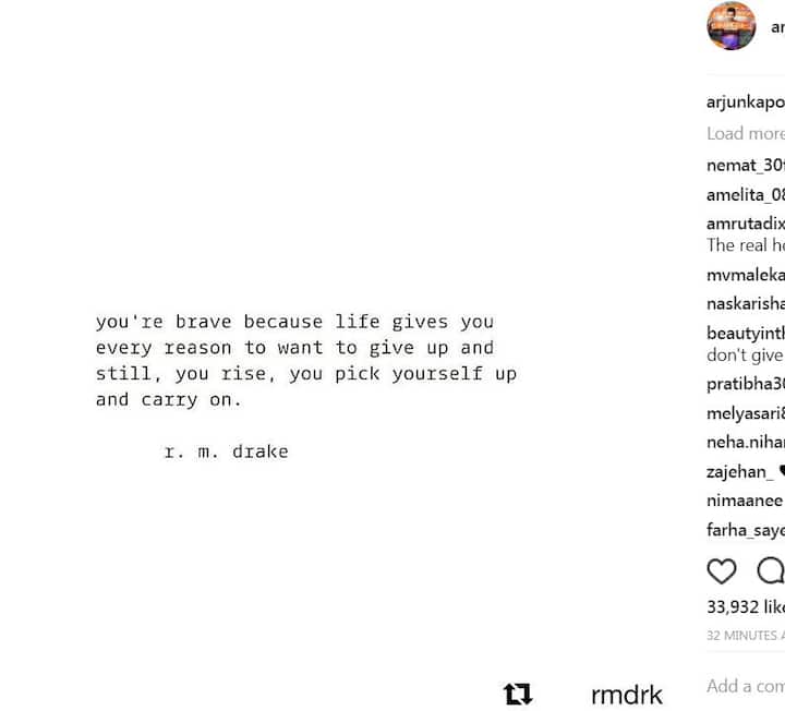 Arjun reposted a quote by R.M. Drake and wrote in the caption along with it -