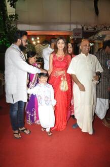 PICS: Shilpa Shetty ravishing in red saree & son Viaan in a dhoti-kurta during ISKCON temple visit on Janmashtmi!