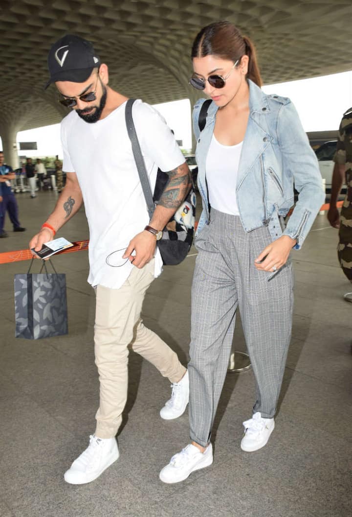 Virat & Anushka, fondly called as 'Virushka', were seen twinning in white sneakers at the Mumbai Airport. (Photo: Manav Manglani)