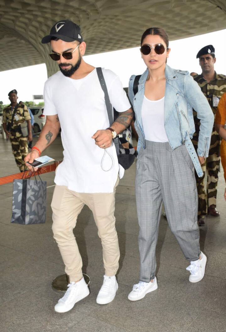 Whereas wifey Anushka looked stunning as always as she wore a white top with a denim jacket and striped pants. (Photo: Manav Manglani)