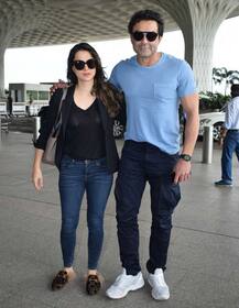 IN PICS: Bobby Deol posing with 'camera shy' son Aryamaan at the airport as the Deol family heads to London