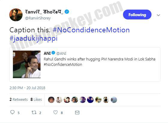 Ranvir's following tweet had Rahul Gandhi's wink-picture and he asked followers to caption it. 