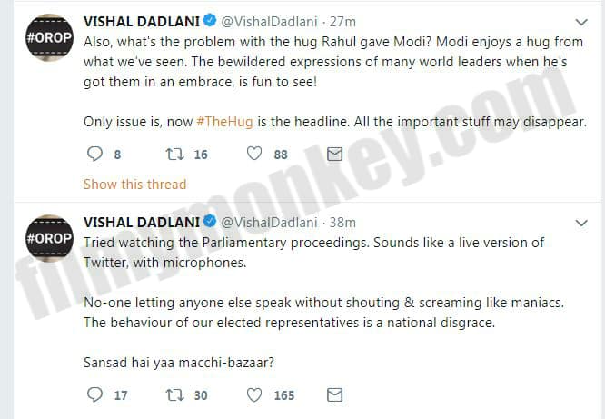 Music composer Vishal Dadlani who keeps getting into controversies often with his strong opinions, find no issue with the hug but is worried that this moment will take over the other important issues discussed during No Confidence Motion. 