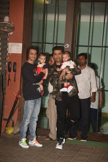Salman Khan's sister Arpita Khan recently hosted a grand Christmas bash & invited popular celebs with their little munchkins. Here's a picture of Arpita's husband Ayush Sharma posing with Karan Johar & his twins Yash & Roohi. (Photo: Manav Manglani)