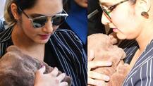 Sania Mirza spotted with her newborn son Ishaan Mirza Malik hiding him under cute bear onesie at the airport!