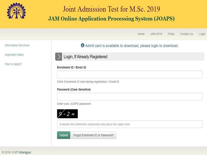 IIT JAM Admit Card 2019 out at jam.iitkgp.ac.in, Exam on Feb 10 IIT JAM 2019 Admit Card out! Exam on 10th Feb 2019