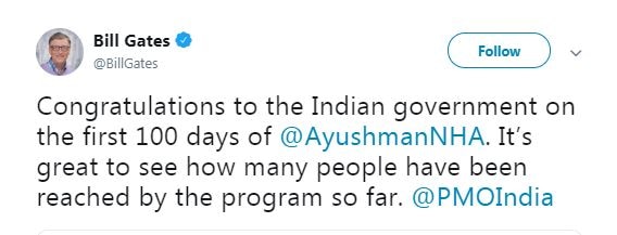 Bill Gates congratulates Narendra Modi government on 100 days of Ayushman Bharat scheme
