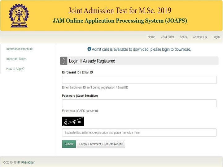 IIT JAM 2019 Candidate Response Sheet out at joaps.iitkgp.ac.in, Answer Keys/Question Paper Expected Soon IIT JAM 2019 Candidate Response Sheet out at joaps.iitkgp.ac.in, Answer Keys/Question Paper Expected Soon