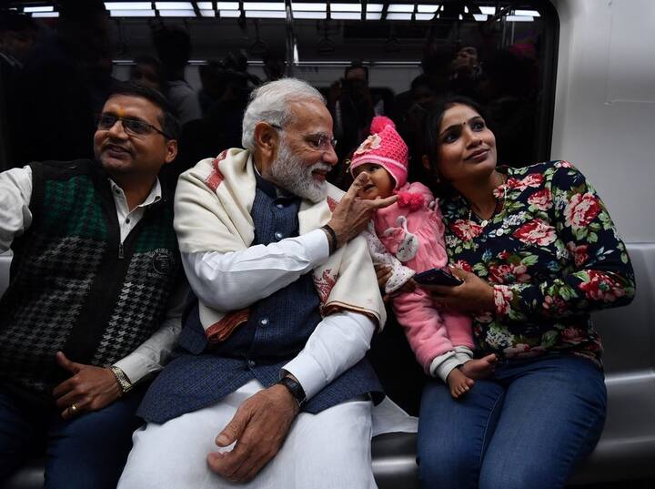 Prime Minister Narendra Modi on Tuesday boarded a metro train from Khan Market station on way to attend an event at ISKCON temple in south Delhi's East of Kailash. PIB Photo