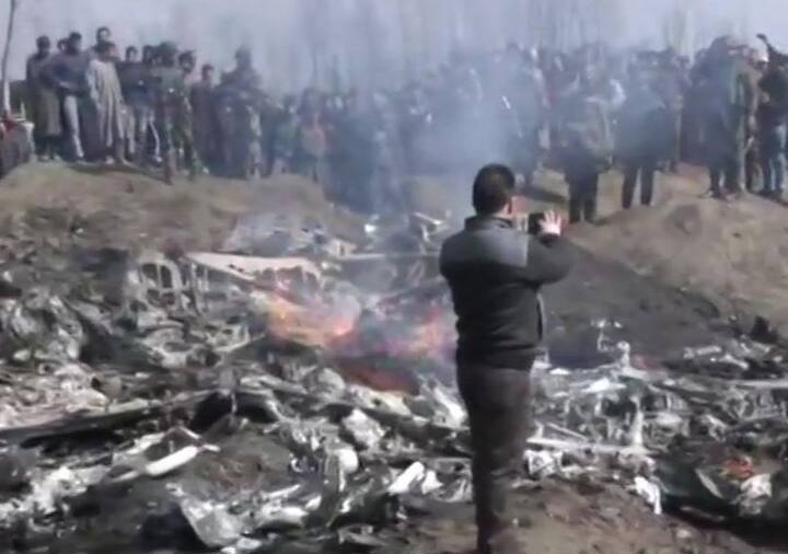 Visuals from the crash site of a military aircraft in Jammu & Kashmir's Budgam. (ANI)