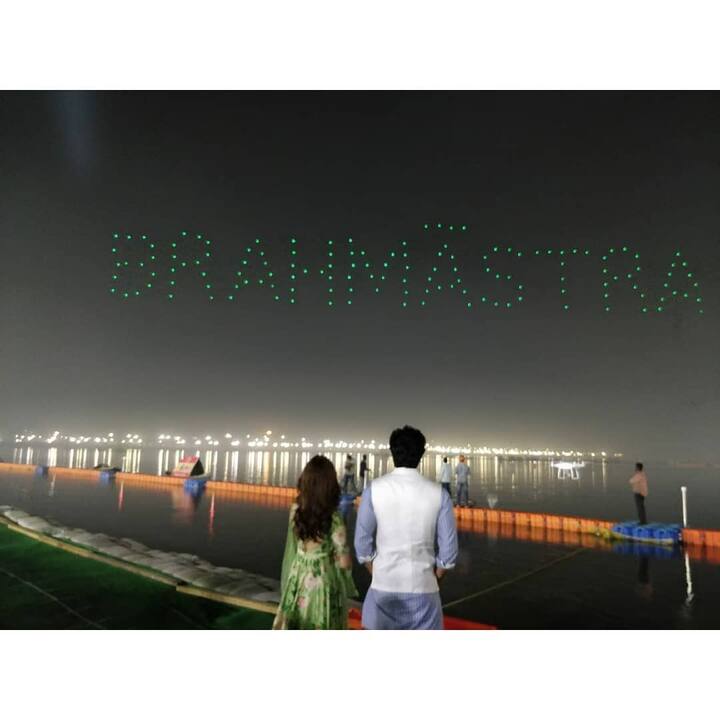 Ranbir and Alia watched the spectacle as 150 drones took to the sky and made formations ranging from the Indian flag (tricolor) to the Brahmastra’s title and its logo. 