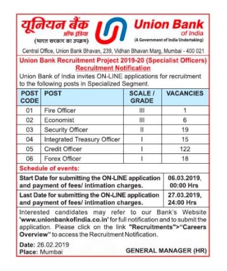 UBI Recruitment 2019: Union Bank Of India invites applications for SO posts, apply now!