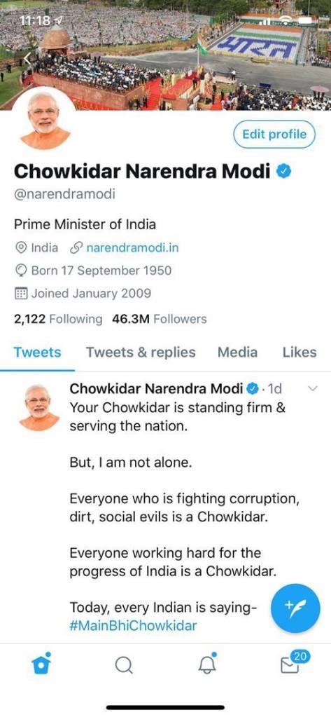 Chowkidar Narendra Modi': PM changes name on Twitter ahead of Lok Sabha polls, top BJP leaders follow