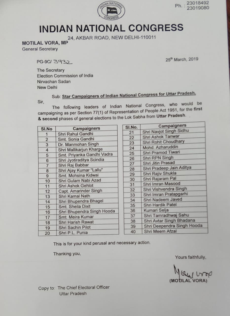 Cong releases list of star campaigners in UP, Maharashtra; Rahul, Sonia, Priyanka, Scindia among top names in both