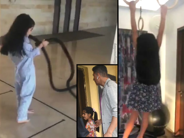 CUTEST VIDEO: Akshay Kumar's daughter Nitara does the chin-ups in the gym while dad counts for her! Akshay Kumar's daughter Nitara returns with her #FitIndia message, does chin ups in the house!