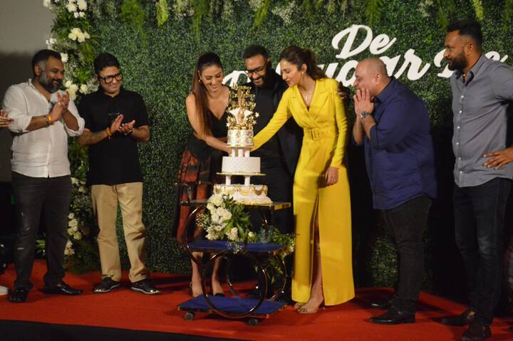 At the launch event, the stars gathered to cut the birthday cake and the leading ladies Tabu and Rakul Preet did the honours on behalf of the actor, who turned 50 years old 