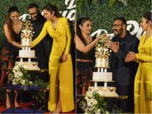 IN PICS: Birthday boy Ajay Devgn cuts a huge cake with leading ladies Tabu and Rakul Preet at \'De De Pyaar De\' trailer launch!