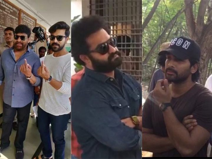 Lok Sabha Elections 2019 Baahubali director Rajamouli Chiranjeevi Ram Charan cast their votes in Hyderabad Proudly share inked finger   Lok Sabha Elections 2019: Baahubali director Rajamouli, Chiranjeevi, Ram Charan & other south Indian stars cast their votes in Hyderabad; Proudly share inked finger!