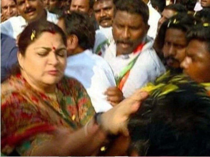 Congress leader Khushbu Sundar slaps man who misbehaved with her at Bengaluru rally Actress-turned-politician Khushbu Sundar SLAPS a man who misbehaved with her during a rally in Bengaluru; VIDEO VIRAL