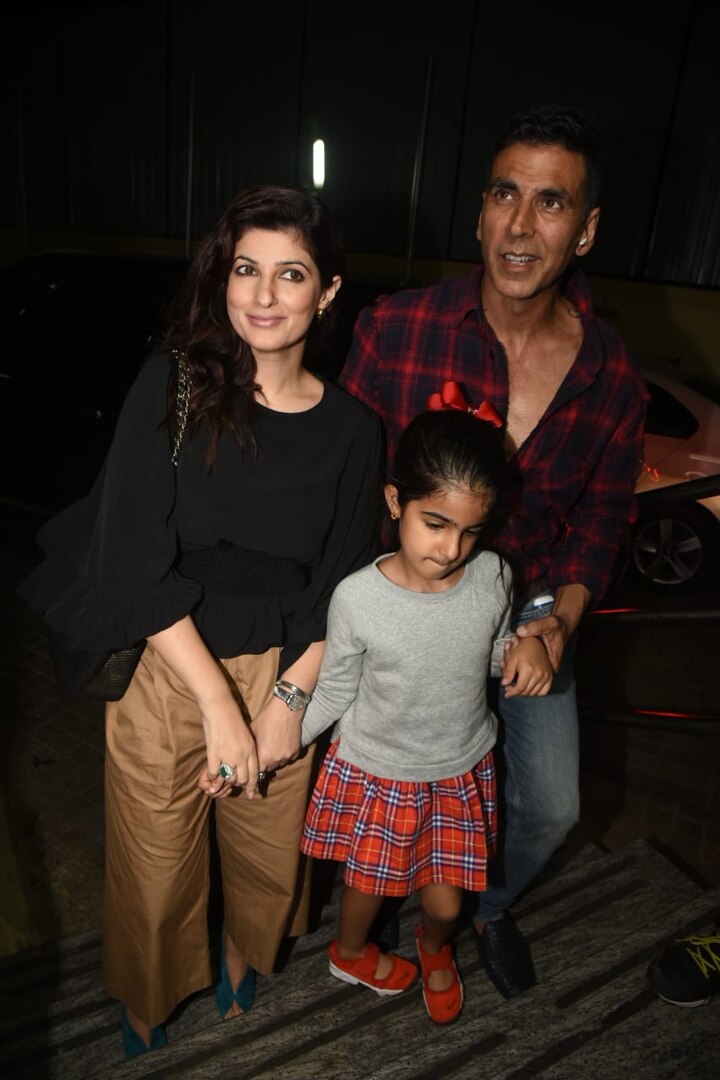 Bollywood actor Akshay Kumar was spotted along with his wife Twinkle Khanna and daughter Nitara at the special screening of Avengers: Endgame in Mumbai on Friday (April 26).