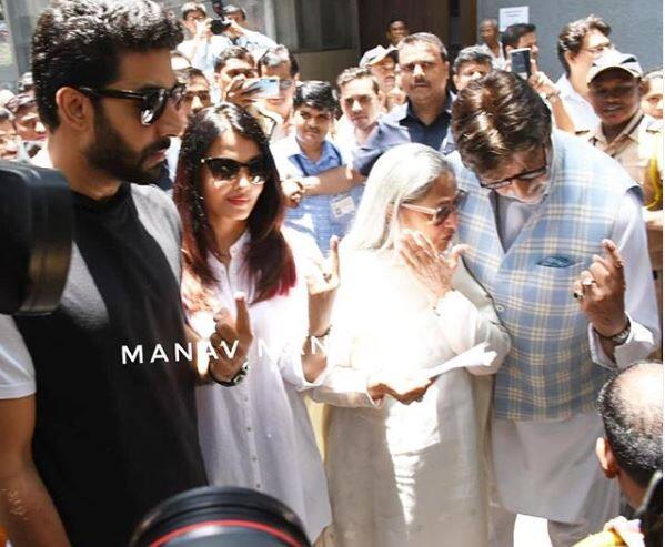 Bachchan family flaunting their inked fingers outside a polling booth. (Photo: Manav Manglani)