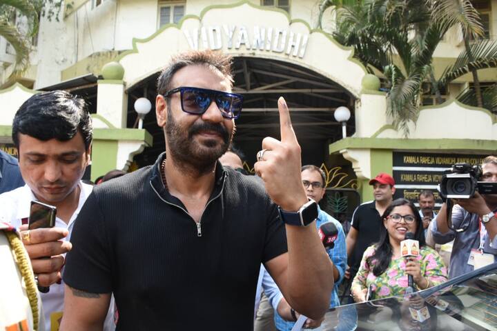 Ajay Devgn flaunts inked finger after casting vote in the fourth phase of Lok Sabha elections. Photo: Manav Manglani)