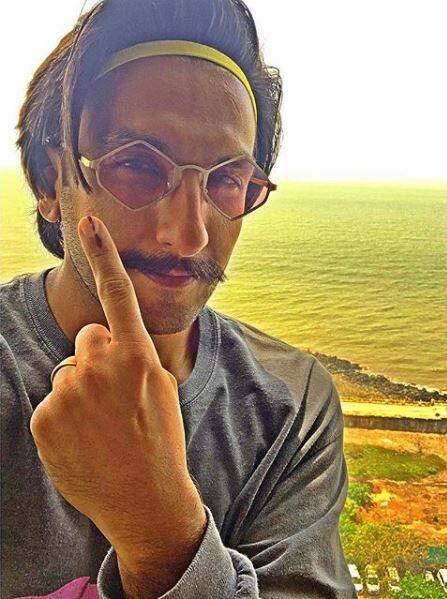 Ranveer flashing his inked finer after casting vote. Captioned it -