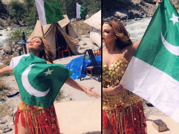 Rakhi Sawant poses with the Pakistani flag for her film 'Dhara 370', Defends herself when TROLLED! Rakhi Sawant holds Pakistani flag close to her heart for film 'Dhara 370', Defends herself when TROLLED!