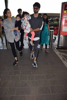 PHOTOS: Shahid Kapoor & family- wife Mira, daughter Misha and son Zain leave for Singapore to unveil his Wax statue at Madame Tussauds