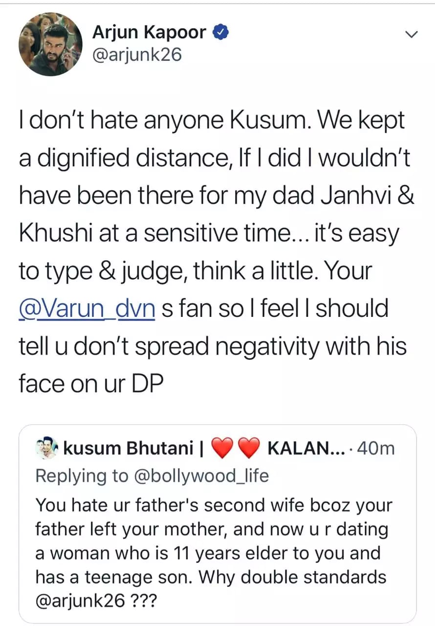 Don't hate anyone: Arjun Kapoor to a Varun Dhawan-fan who accused him of disliking Sridevi