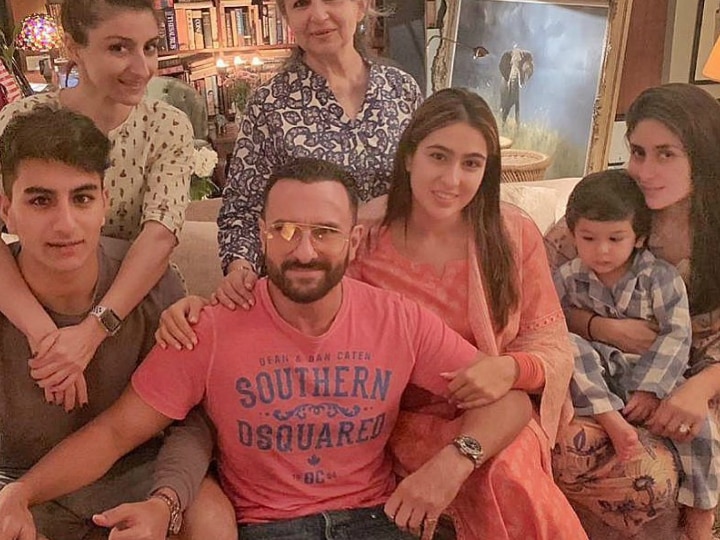 Saif Ali Khan poses for a family portrait with Taimur, Sara, Kareena, Soha, Sharmila Tagore & Ibrahim Saif Ali Khan & family poses together.. Taimur in pyjamas sitting in mom Kareena's lap, Sharmila Tagore, Ibrahim, Sara & Soha are all smiles