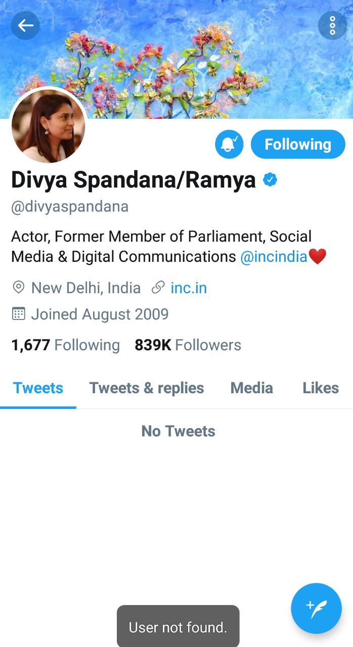 Cong social media head Divya Spandana quits Twitter? Speculations rife as account appears deleted