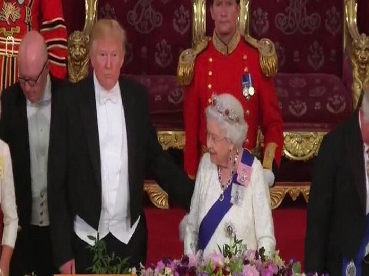Trump appears to put his hand on Queen Elizabeth's back; triggers debate over breach of royal protocol Trump touches Queen at state dinner; sparks debate over breach of royal protocol