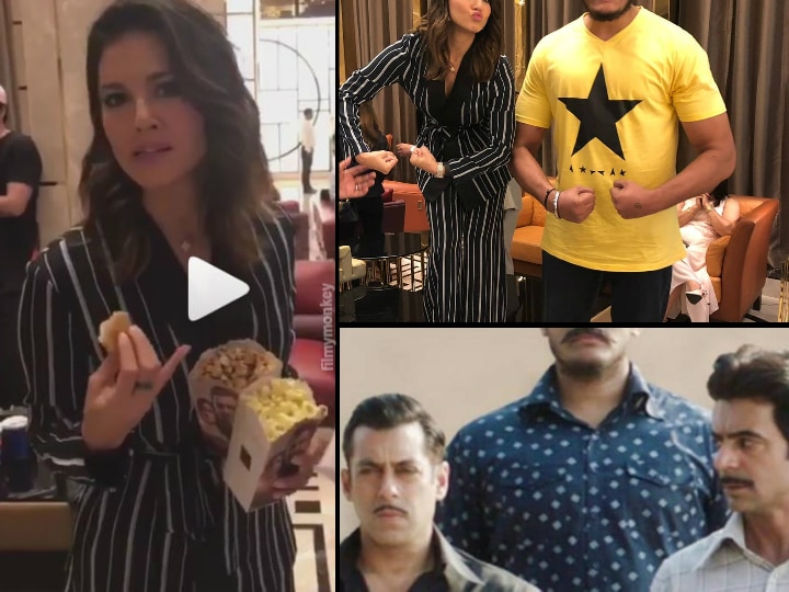 Sunny Leone goes watches Salman Khan's 'Bharat', binges on popcorn but says f*** in the video she posts and apologizes for the same! Sunny Leone says F*** in a video from 'Bharat' screening, Aplogizes! Also poses with 7 ft tall Shanky Singh!