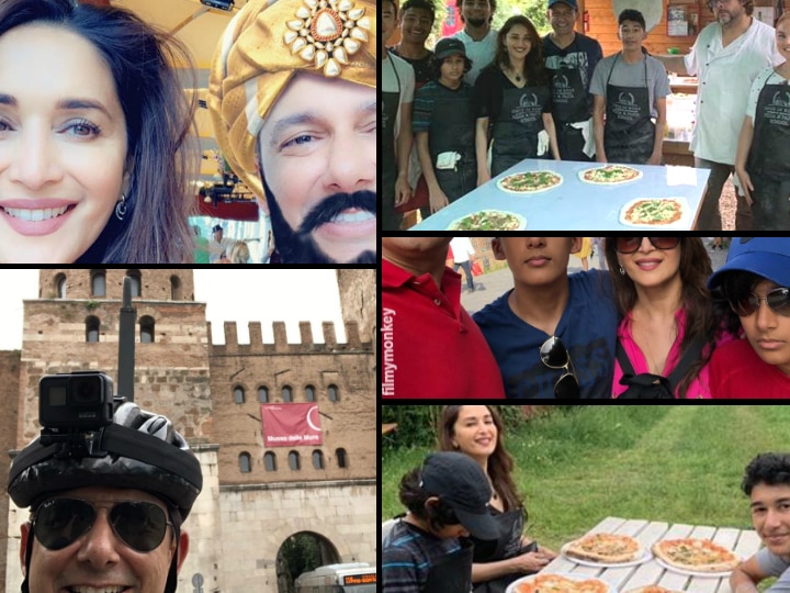 Madhuri Dixit with husband Dr. Shriram Nene and sons Arin-Rayaan vacationing in Rome, learnt to make pizza and went biking with go pro helmet Madhuri Dixit on family vacation in Rome with husband Dr. Shriram Nene and sons Arin-Rayaan, Learnt to make pizzas too!