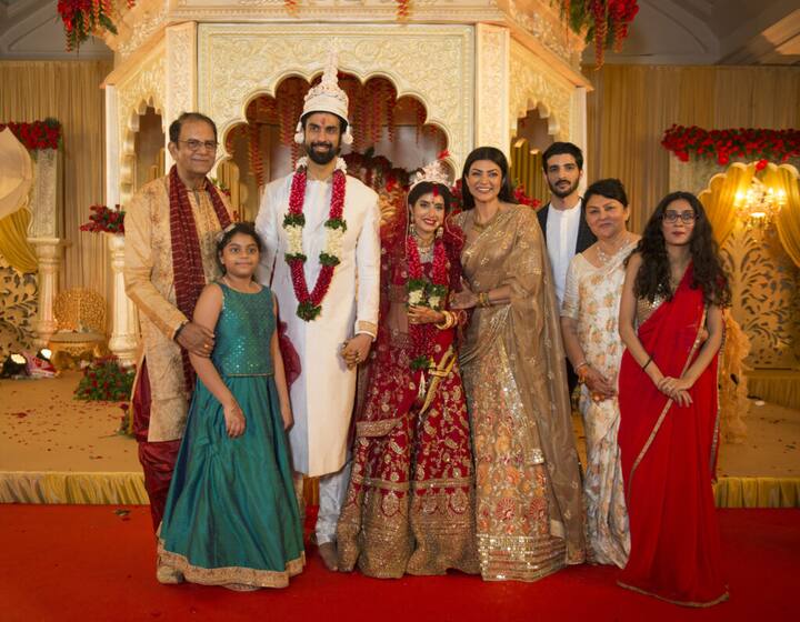 Sushmita Sen was seen beaming with joy as her brother got married to his ladylove. The actress attended the wedding along with her two kids Renee & Alisah and beau Rohman Shawl.