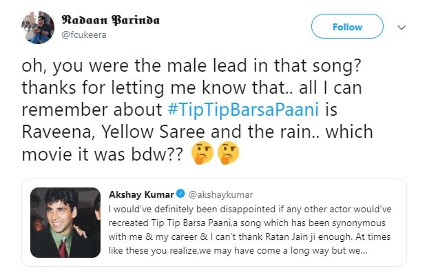 Akshay Kumar trolled for not giving credit to Raveena Tandon in tweet on 'Tip Tip Barsa Paani
