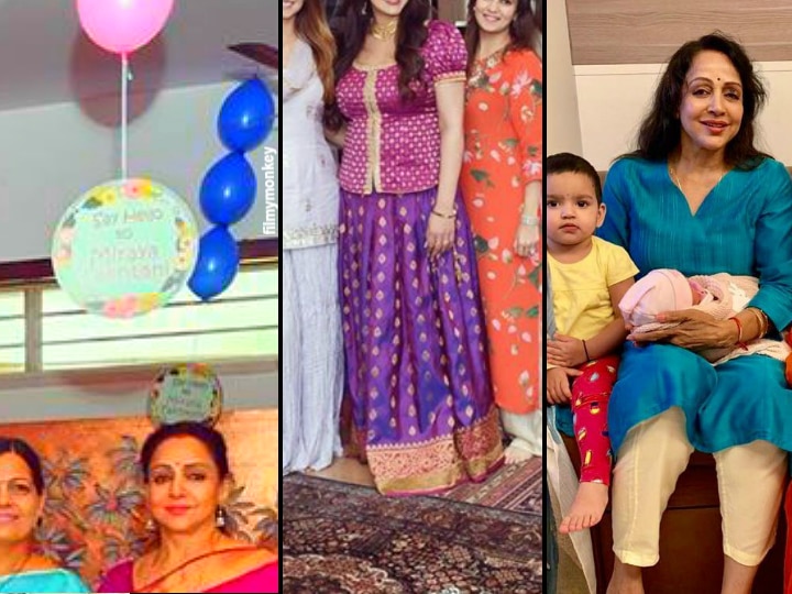 Esha Deol shares pic from newborn daughter Miraya Takhtani's welcome function, dons traditional South Indian dress pattu pavadai posing with mom Hema Malini & other family members PIC: Esha Deol Shares Newborn Daughter Miraya Takhtani's Welcome Function PIC, Dons Traditional South Indian Dress 'Pattu Pavadai' Posing With Mom Hema Malini & Family Members