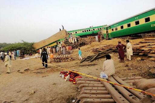 The Quetta-bound Akbar Express collided with the stationary freight train at the Walhar Railway Station in Sadiqabad Tehsil of the province, Dawn quoted officials as saying. The freight train was on the loop line when the speeding passenger train instead of running on the main line entered the wrong track. (Photo by STR / AFP)
